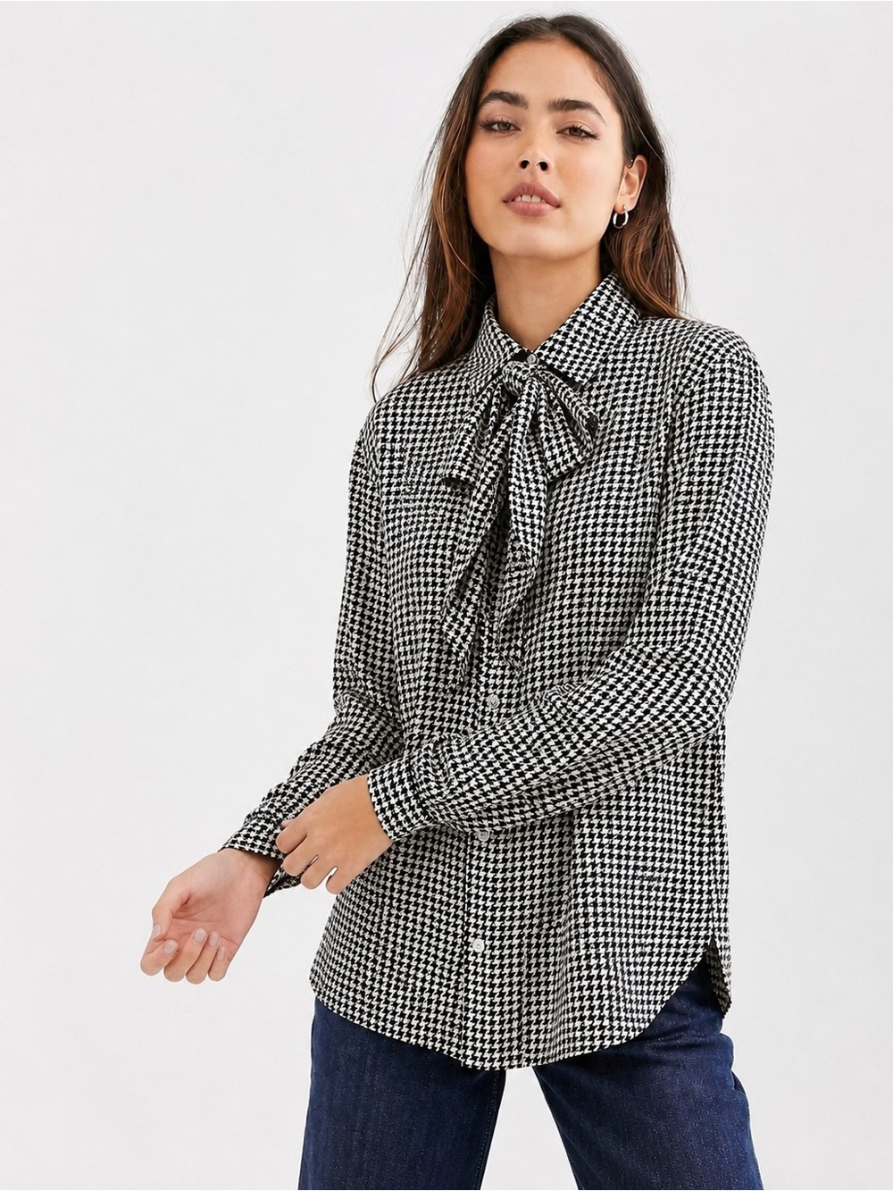 LAUREN RALPH LAUREN SILK HERRINGBONE P*SSY BOW BUTTON DOWN BLACK CREAM BLOUSE